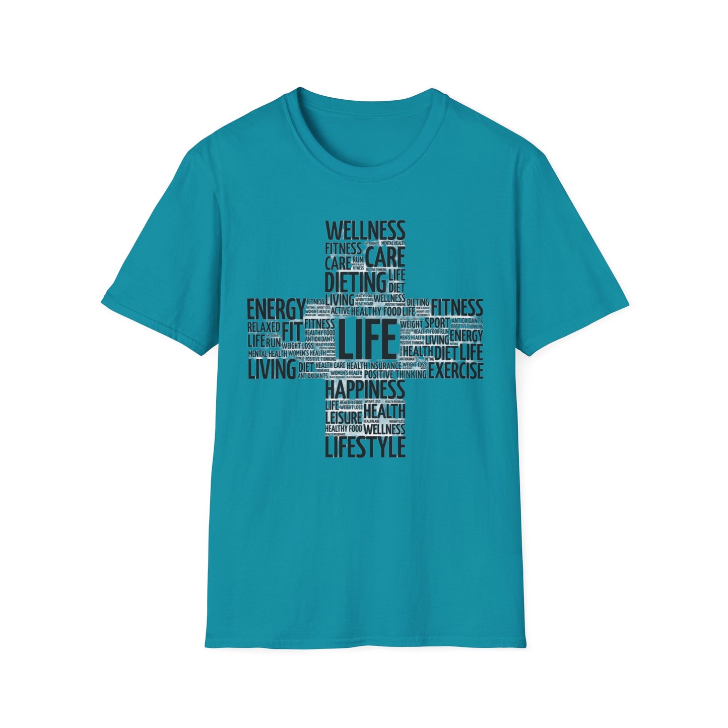 Unisex Happy Life Cross T-Shirt, Fitness Lifestyle Health Wellness Word Cloud t shirt, Positive Thinking Motivation Tee Shirt