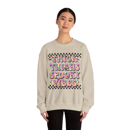 Thick Thighs And Spooky Vibes Sweatshirt Retro Halloween Sweater Groovy Halloween Party Outfit Spooky Season Funny Halloween Apparel Fall