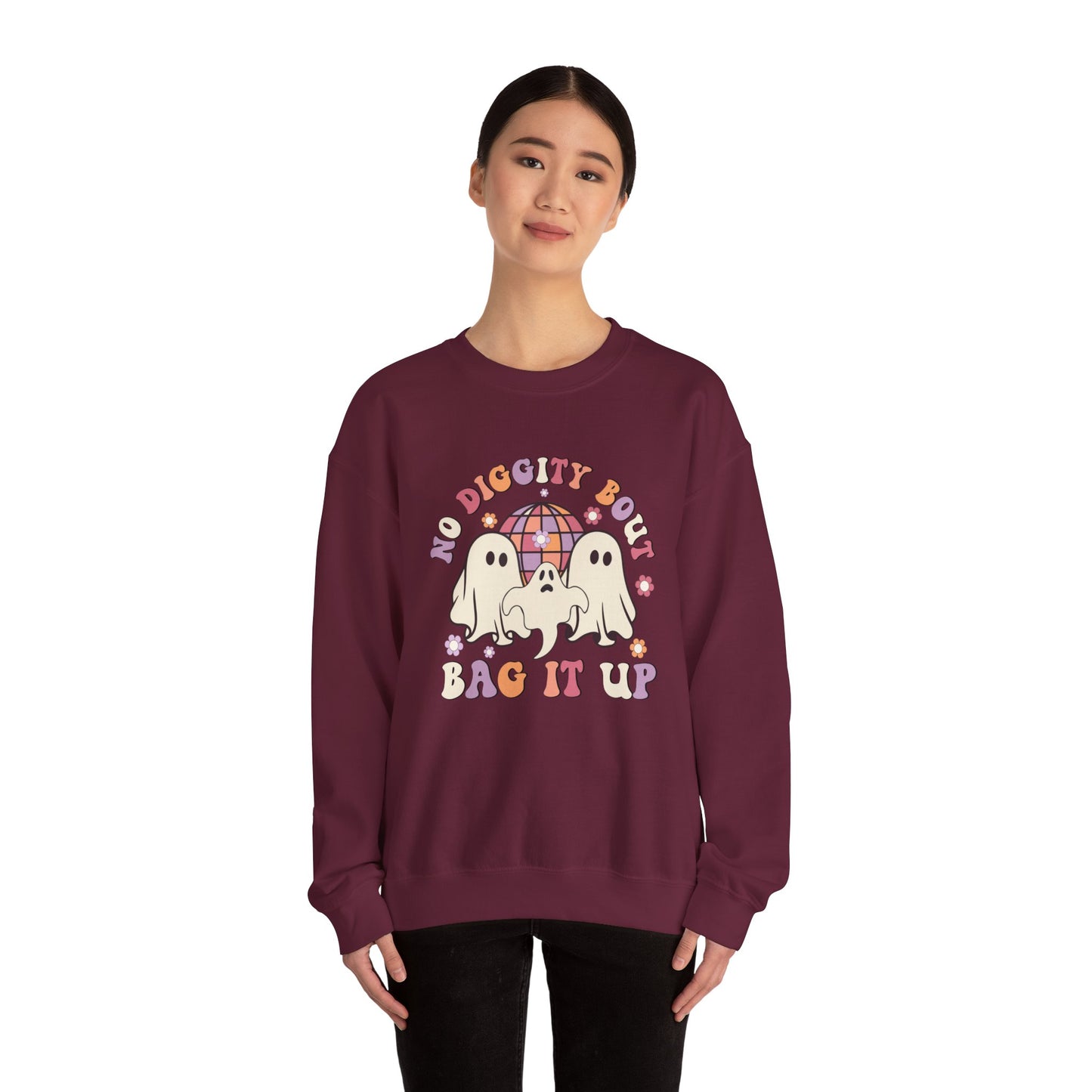 No Diggity Bout To Bag It Up Halloween Sweatshirt Retro Halloween Sweater Retro Halloween Apparel Groovy Spooky Season Crewneck Cute Ghosts