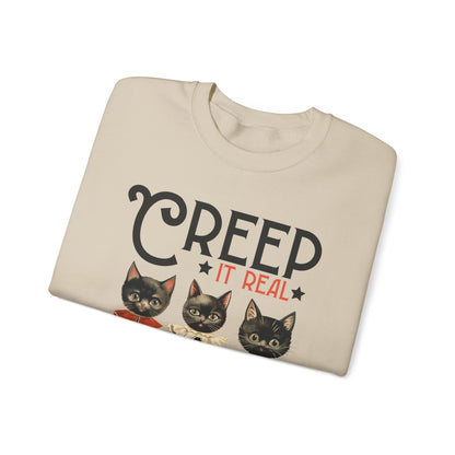 Creep It Real Sweatshirt Vintage 1950s Halloween Sweater Retro Halloween Sweatshirt Funny Black Cats Halloween Apparel Fall Season Cat Lover