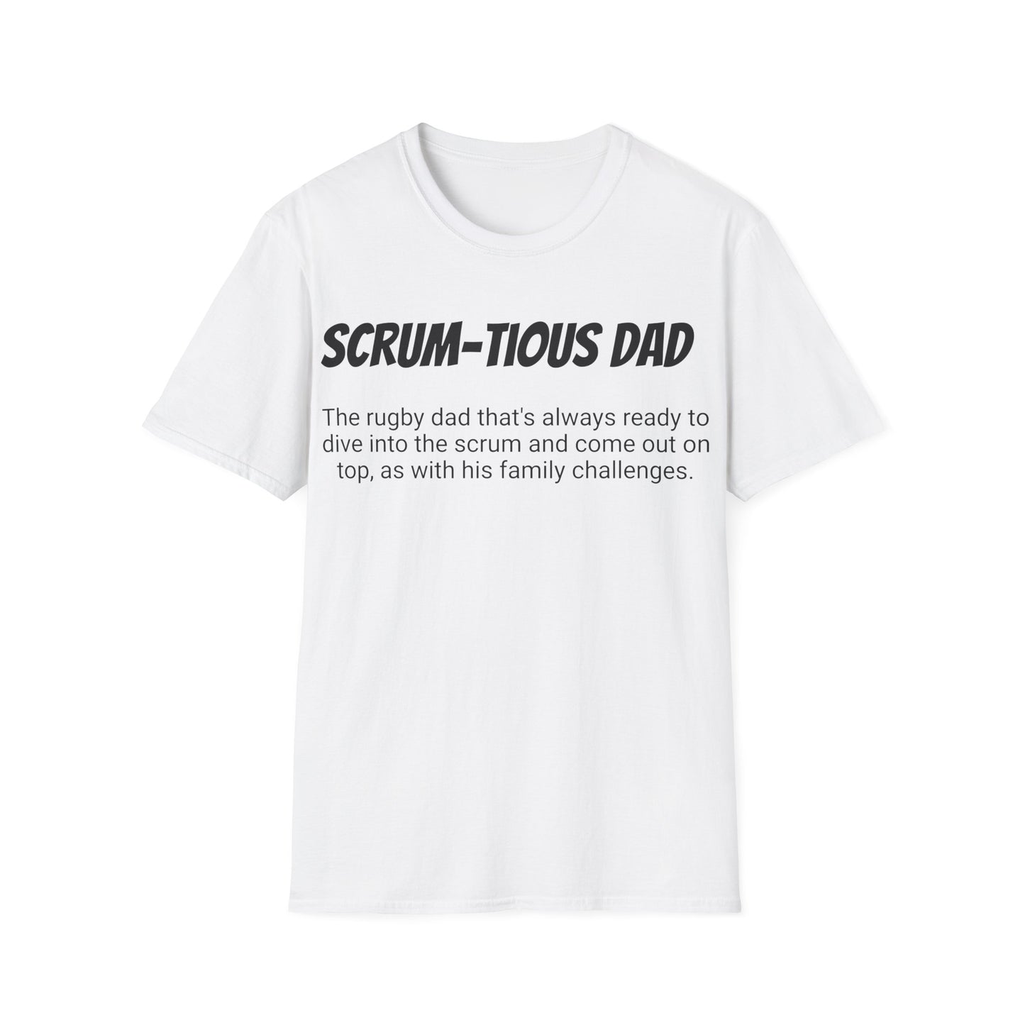 Funny Rugby Dad's Mens Softstyle T-shirt, "Scrum-tious Dad", Father's Day Gift, Humorous Unique Novelty Apparel Tee Present