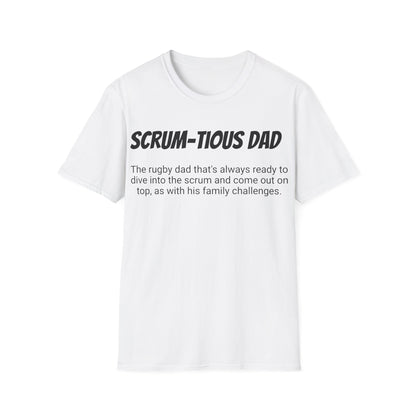 Funny Rugby Dad's Mens Softstyle T-shirt, "Scrum-tious Dad", Father's Day Gift, Humorous Unique Novelty Apparel Tee Present