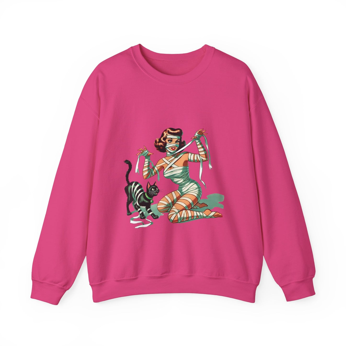 Mummy Pin-Up Girl Sweatshirt Halloween Cat Girl Sweater Retro Pin Up Girl Mummy Pullover Vintage Creepy Cat Pinup Girl Sweater Womans Gift