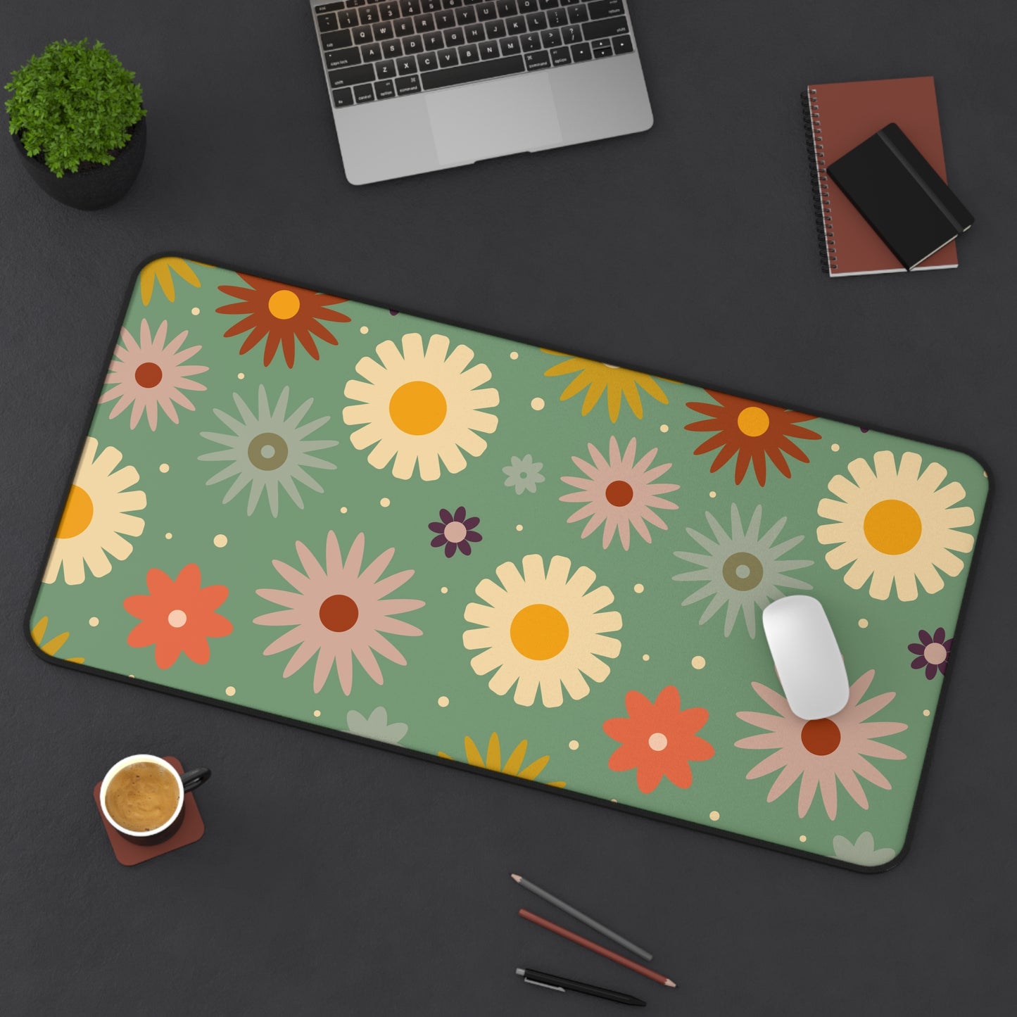 Retro Floral Desk Mat 60s 70s Groovy Hippie Flower Power Office Desk Accessories Vintage Mouse Pad Funky Boho Chic Desk Pad Gift Idea Ladies