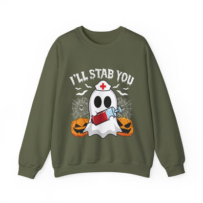 Funny Nurse Ghost Sweatshirt I’ll Stab You Halloween Sweater Ghost Nurse Halloween Spooky Season Pullover Sweater Boo Nursing Student Gift