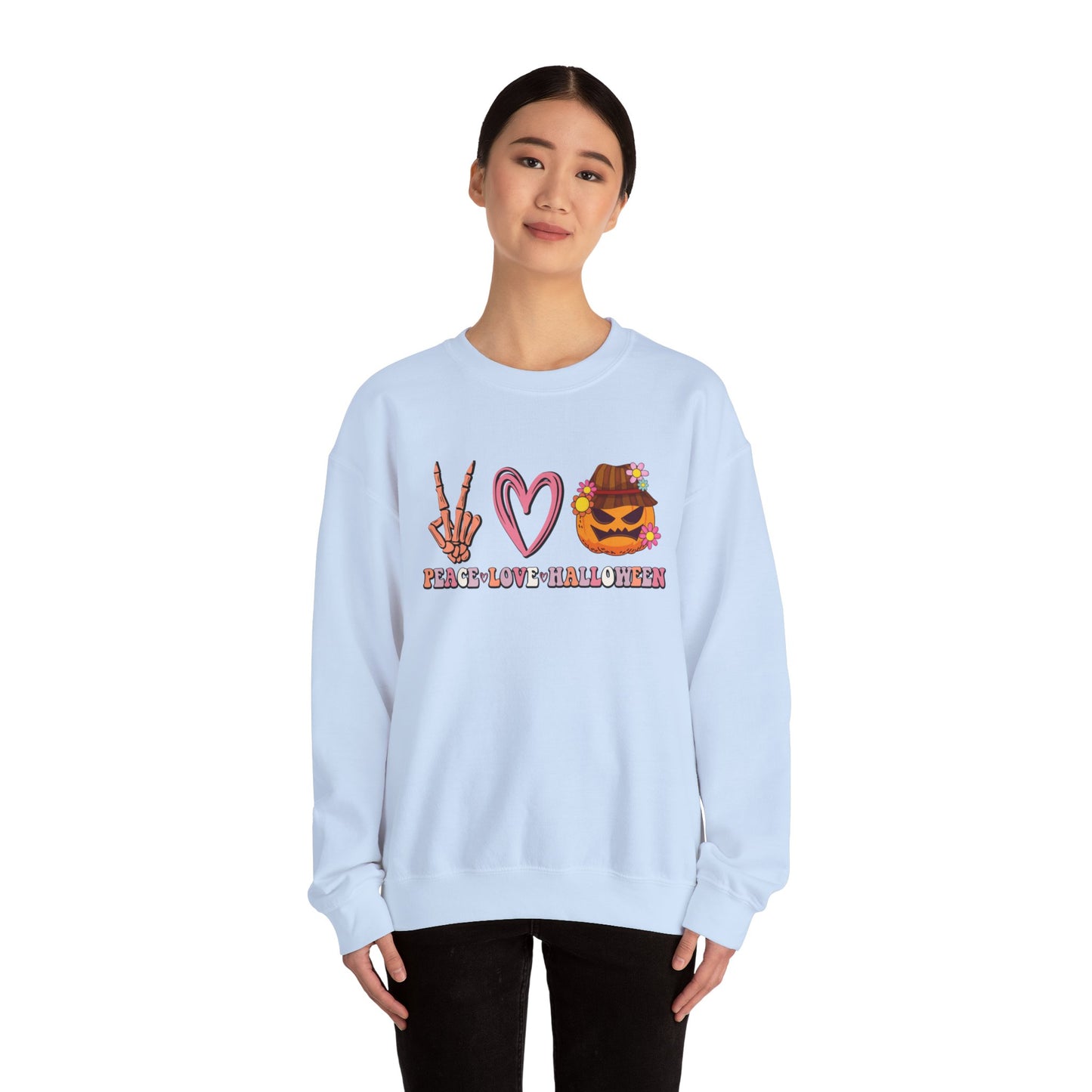 Peace Love Halloween Sweatshirt Funny Halloween Sweater Pumpkin Skeleton Spooky Season Lover Peace Love Pumpkin Sweatshirt Retro Halloween