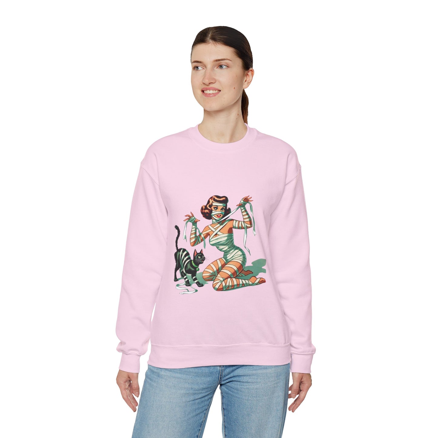 Mummy Pin-Up Girl Sweatshirt Halloween Cat Girl Sweater Retro Pin Up Girl Mummy Pullover Vintage Creepy Cat Pinup Girl Sweater Womans Gift