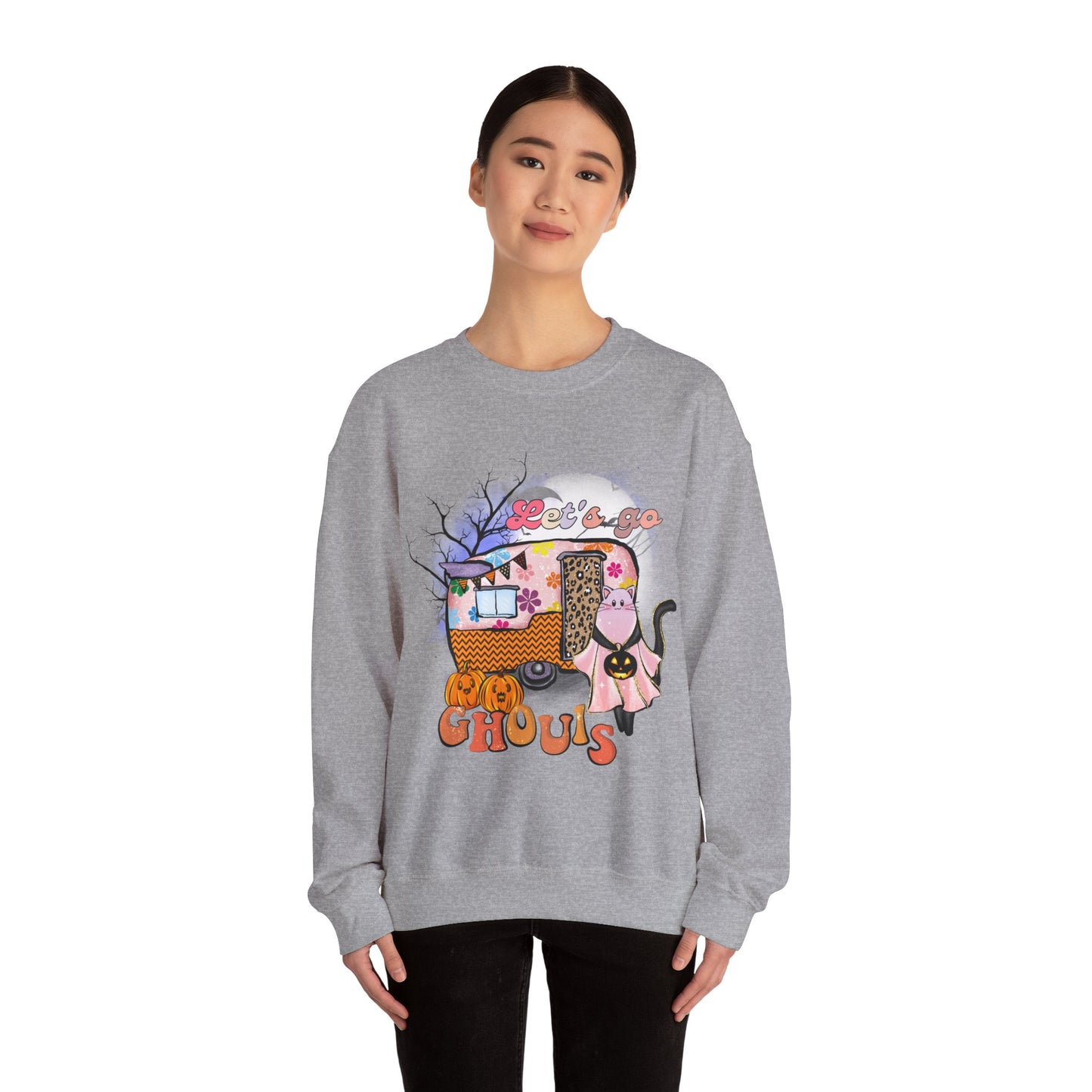 Lets Go Ghouls Sweatshirt Retro Halloween Sweater Funny Cat Halloween Sweat Spooky Season Crewneck Groovy Girls Trip Halloween Party Outfit