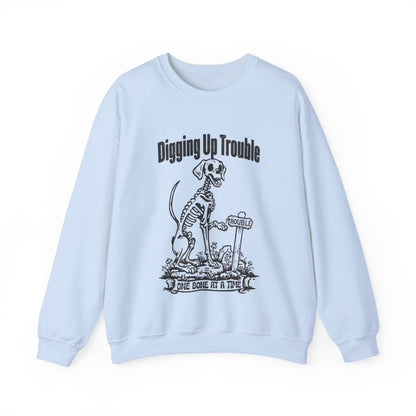 Digging up Trouble Halloween Sweatshirt Skeleton Dog Halloween Sweater Retro Funny Dog Halloween Pullover Sweater Dog Lover Gift Dog Owner