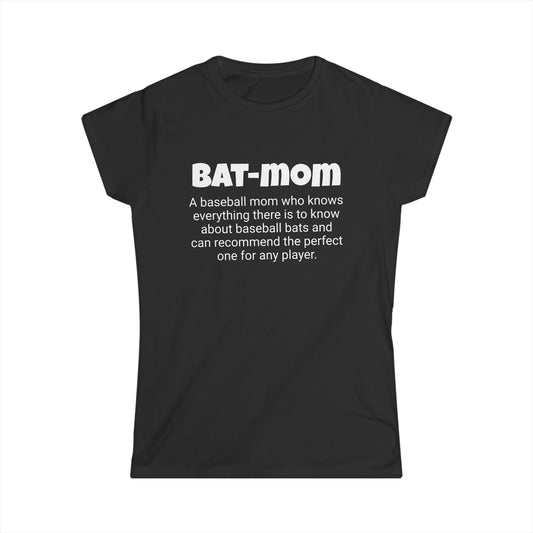 Funny Baseball Mom's Women's Softstyle Tee, "Bat-mom", Mother's Day Gift, Ladies Adult T-shirt Unique Novelty Present