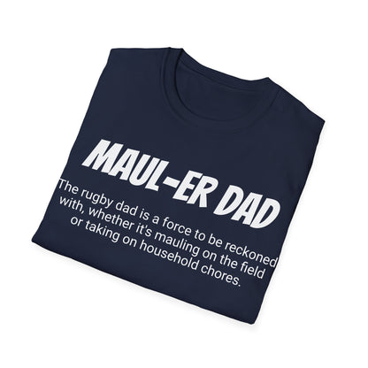 Funny Rugby Dad's Mens Softstyle T-shirt, "Maul-er Dad", Father's Day Gift, Humorous Unique Novelty Apparel Tee Present