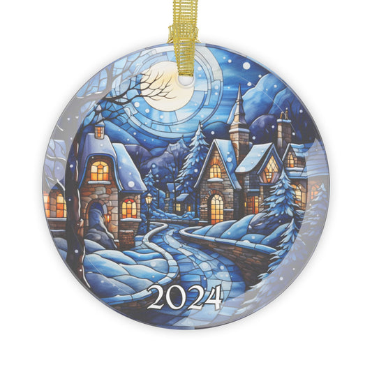 Christmas 2024 Glass Ornament Blue Christmas Decoration Holiday Gift Idea Heirloom Keepsake Gift Exchange Xmas Tree Decor Faux Stained Glass