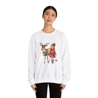 Vintage Reindeer Christmas Sweatshirt 50s Vintage Graphic Tee Vintage Retro Christmas Sweater 1950s Girl and Reindeer Sweat Rudolph Crewneck