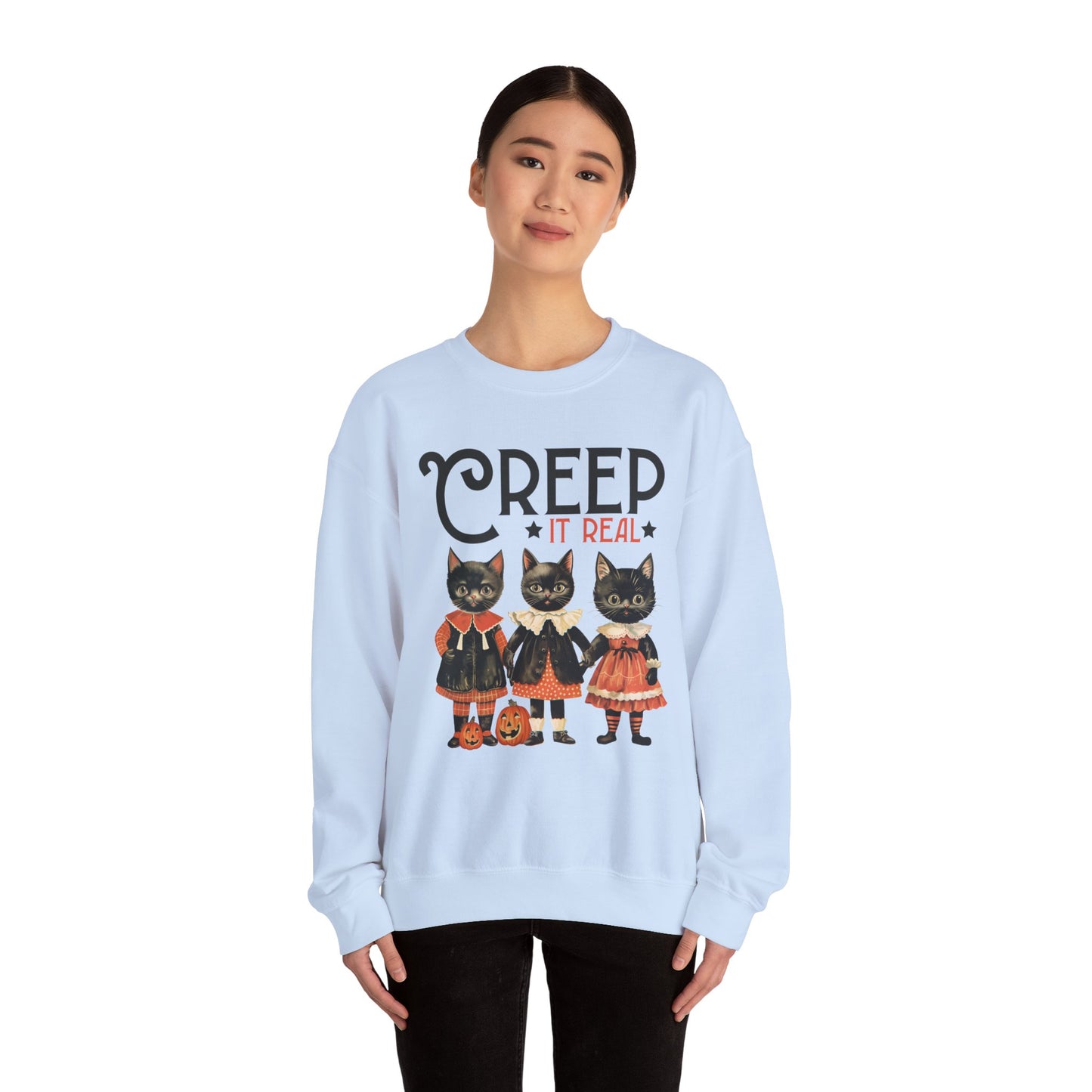 Creep It Real Sweatshirt Vintage 1950s Halloween Sweater Retro Halloween Sweatshirt Funny Black Cats Halloween Apparel Fall Season Cat Lover