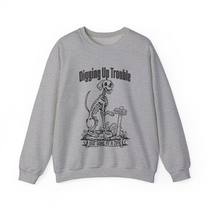 Digging up Trouble Halloween Sweatshirt Skeleton Dog Halloween Sweater Retro Funny Dog Halloween Pullover Sweater Dog Lover Gift Dog Owner