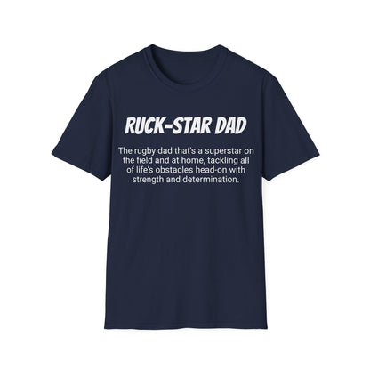 Funny Rugby Dad's Mens Softstyle T-shirt, "Ruck-star Dad", Father's Day Gift, Humorous Unique Novelty Apparel Tee Present