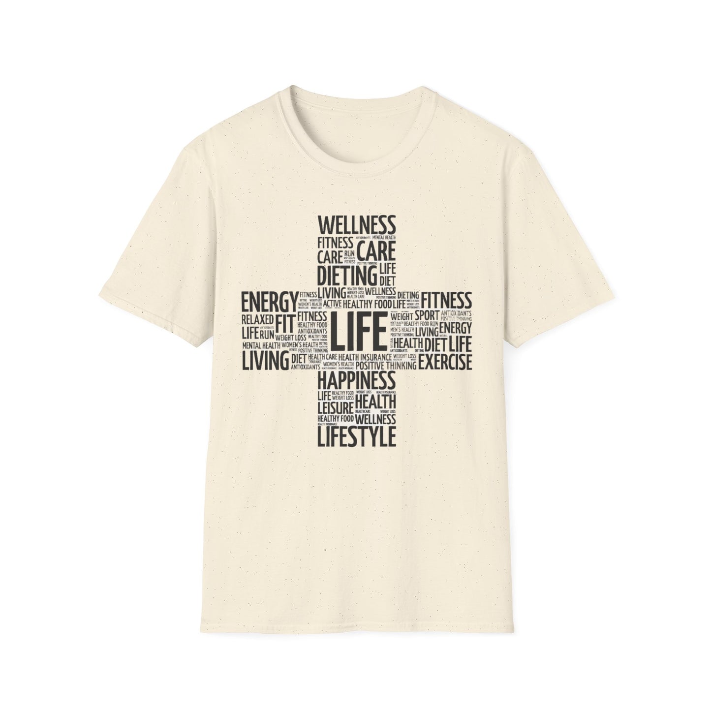 Unisex Happy Life Cross T-Shirt, Fitness Lifestyle Health Wellness Word Cloud t shirt, Positive Thinking Motivation Tee Shirt