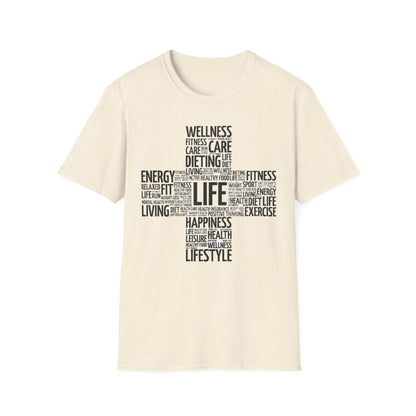 Unisex Happy Life Cross T-Shirt, Fitness Lifestyle Health Wellness Word Cloud t shirt, Positive Thinking Motivation Tee Shirt