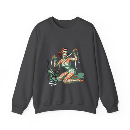 Mummy Pin-Up Girl Sweatshirt Halloween Cat Girl Sweater Retro Pin Up Girl Mummy Pullover Vintage Creepy Cat Pinup Girl Sweater Womans Gift