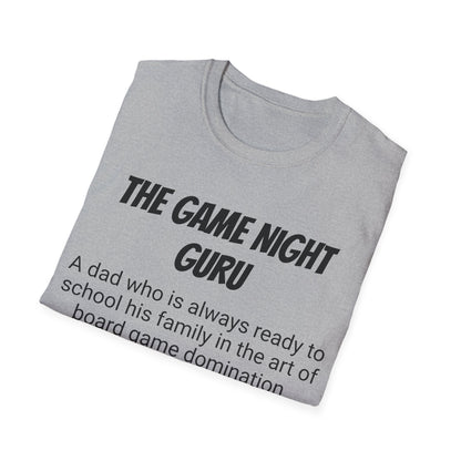 Funny Dad's Mens Softstyle T-shirt, "The Game Night Guru",Father's Day Gift,Tee for Him,Adult Humorous Unique Novelty Present