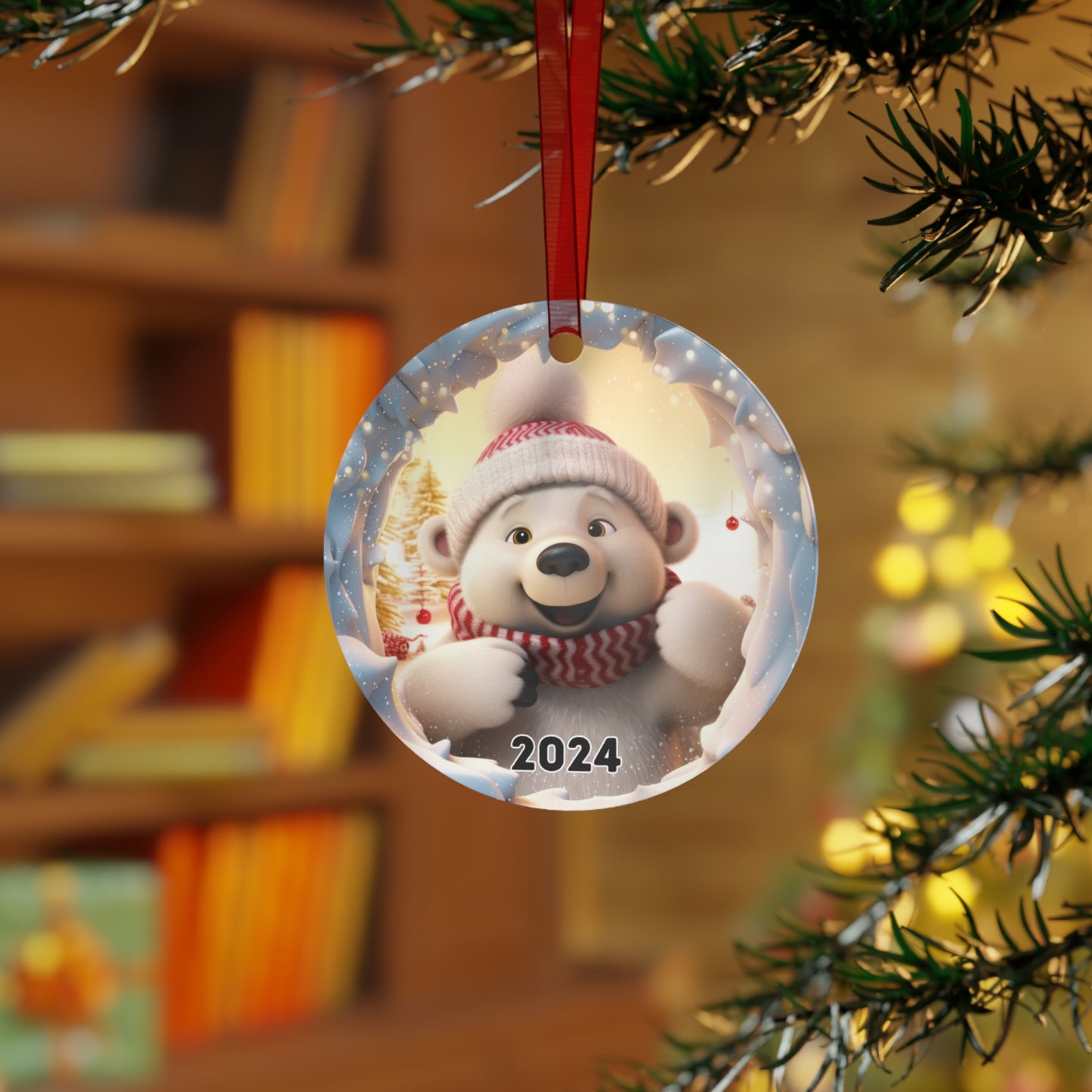 3D Breakthrough Cute Polar Bear Ornament 2024 Christmas Decoration Round Metal Holiday 2024 Gift Idea Xmas Exchange Gift White Elephant