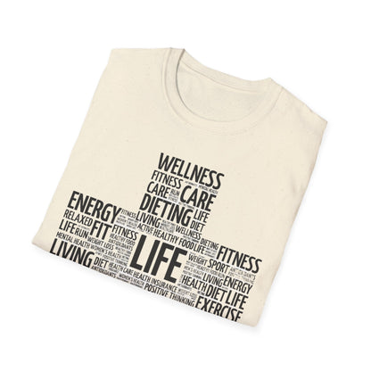 Unisex Happy Life Cross T-Shirt, Fitness Lifestyle Health Wellness Word Cloud t shirt, Positive Thinking Motivation Tee Shirt