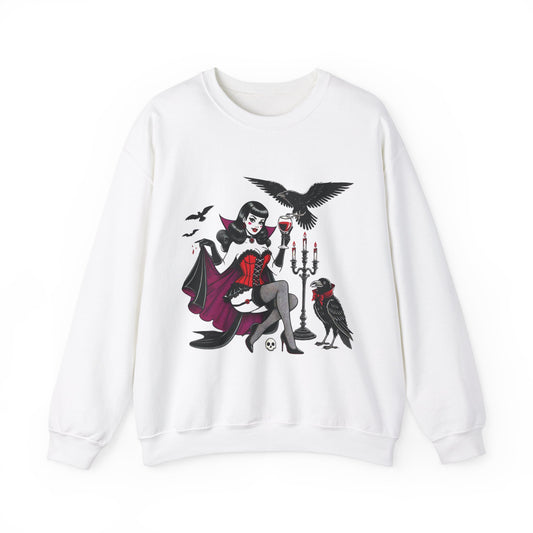 Dracula Pin-Up Girl Sweatshirt Halloween Dracula Girl Sweater Retro Pin Up Dracula Pullover Sweater Vintage Black Crow Pinup Girl Woman Gift