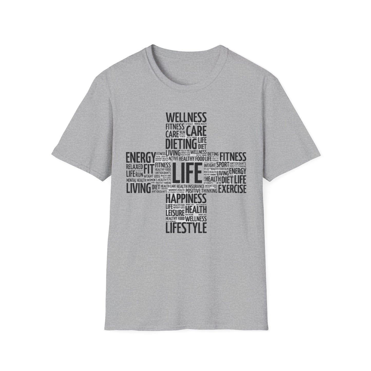 Unisex Happy Life Cross T-Shirt, Fitness Lifestyle Health Wellness Word Cloud t shirt, Positive Thinking Motivation Tee Shirt