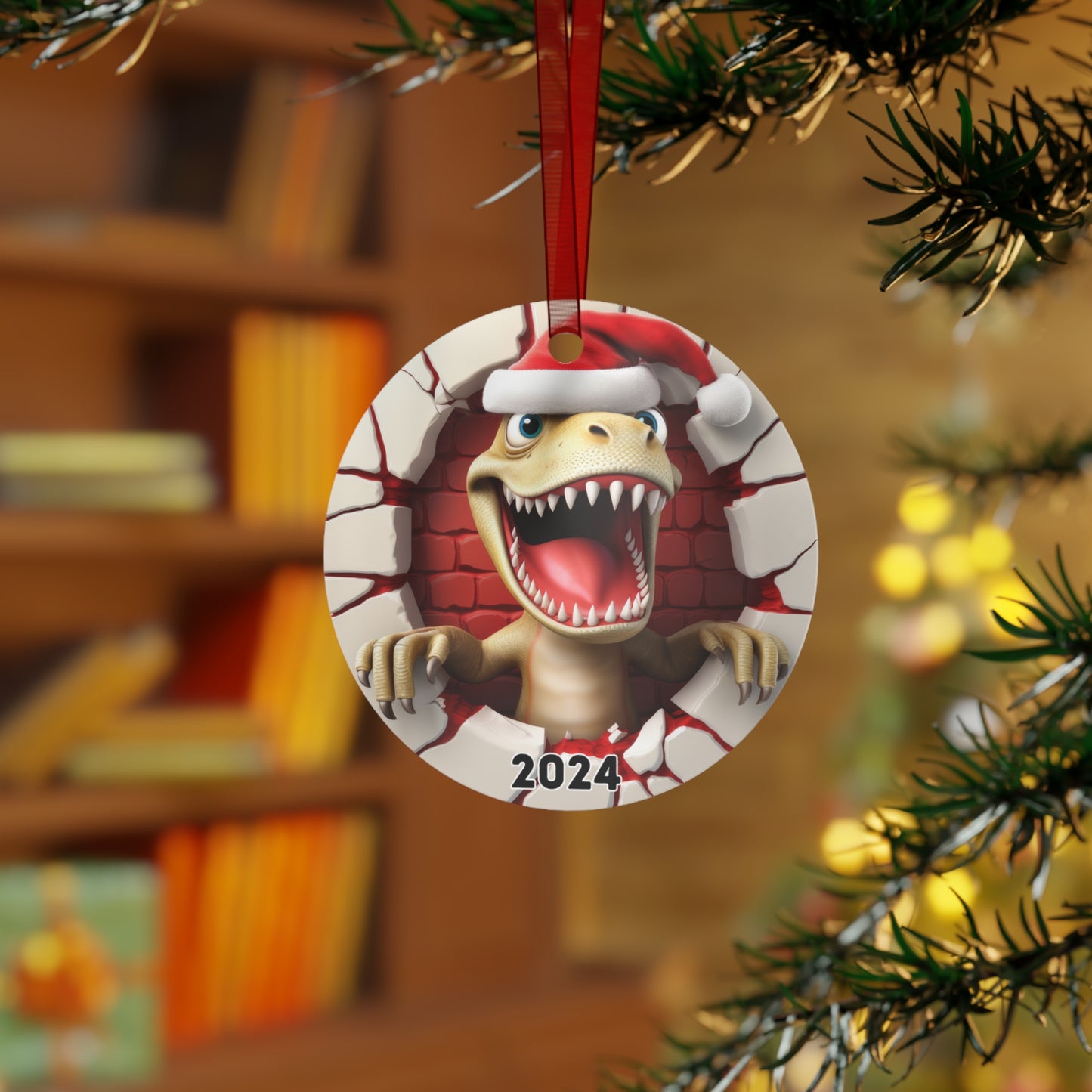 3D Breakthrough T-Rex Dinosaur Ornament 2024 Christmas Decoration Holiday 2024 Heirloom Keepsake Round Metal Fun Exchange Gift White Elephant