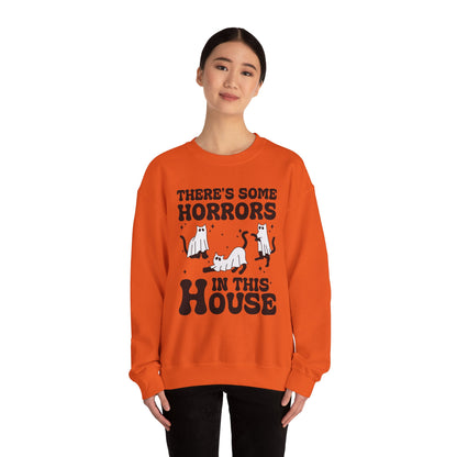 There's Some Horrors In This House Sweatshirt Funny Halloween Sweater Ghost Cat Sweater Retro Halloween Sweater Spooky Season Cat Lover Gift