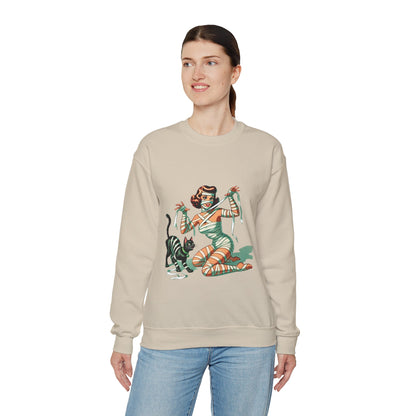 Mummy Pin-Up Girl Sweatshirt Halloween Cat Girl Sweater Retro Pin Up Girl Mummy Pullover Vintage Creepy Cat Pinup Girl Sweater Womans Gift