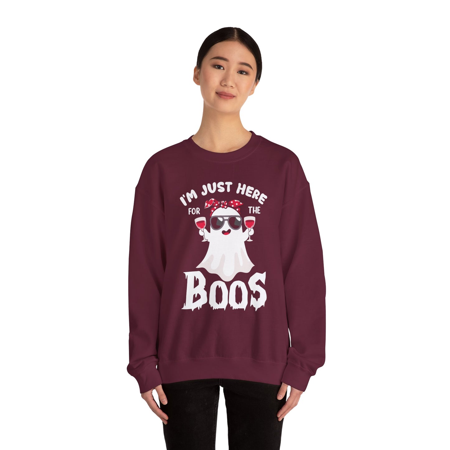 I'm Just Here For The Boos Sweatshirt Funny Halloween Sweater Ghost Holding Wine Sweatshirt Halloween Outfit Spooky Season Wine Lover Gift