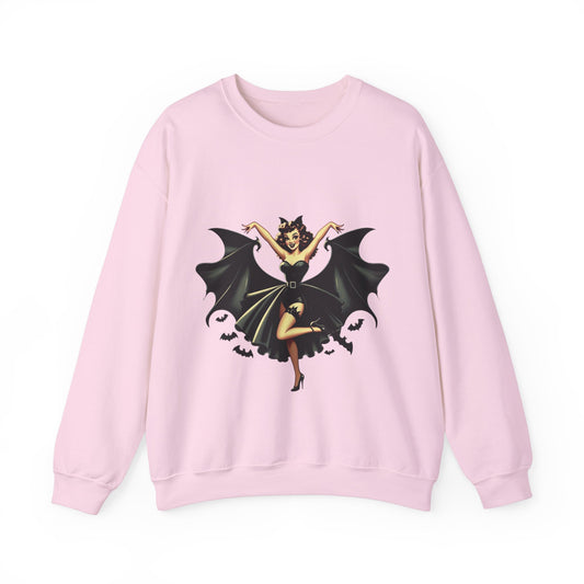 Bat Pin-Up Girl Sweatshirt Halloween Cute Bat Girl Sweater Retro Pin Up Girl Bat Pullover Sweater Vintage Cute Pin Up Bat Girl Womans Gift