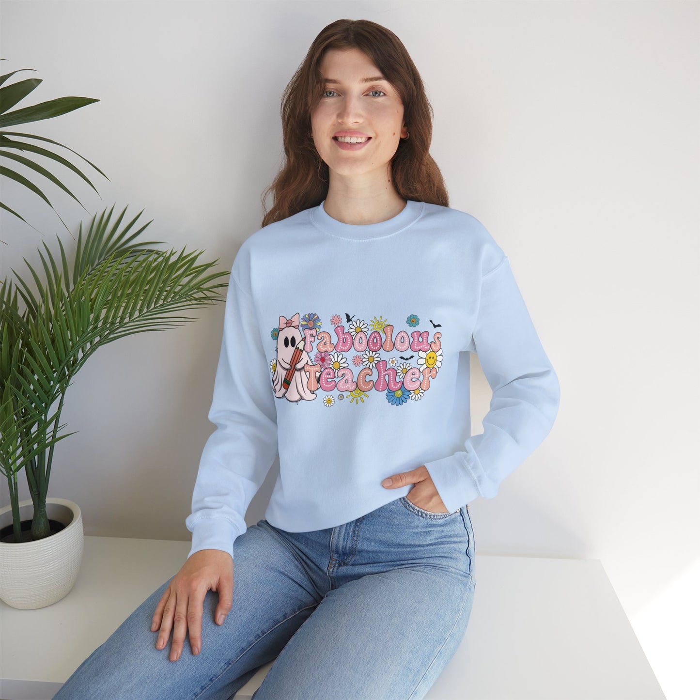 Fabulous Teacher Sweatshirt Halloween Teacher Sweater Retro Groovy Ghost Teacher Pullover Sweater Spooky Season Ghost Teacher Halloween Gift