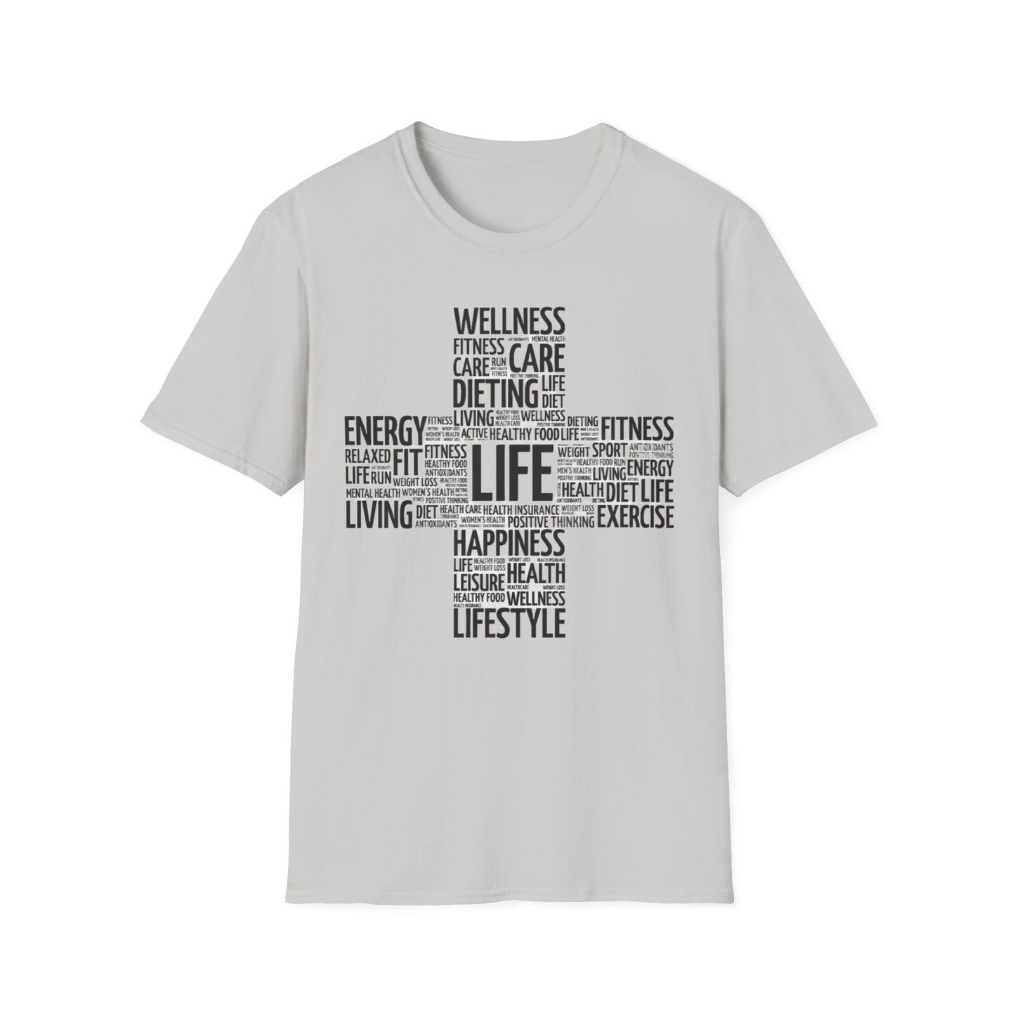 Unisex Happy Life Cross T-Shirt, Fitness Lifestyle Health Wellness Word Cloud t shirt, Positive Thinking Motivation Tee Shirt