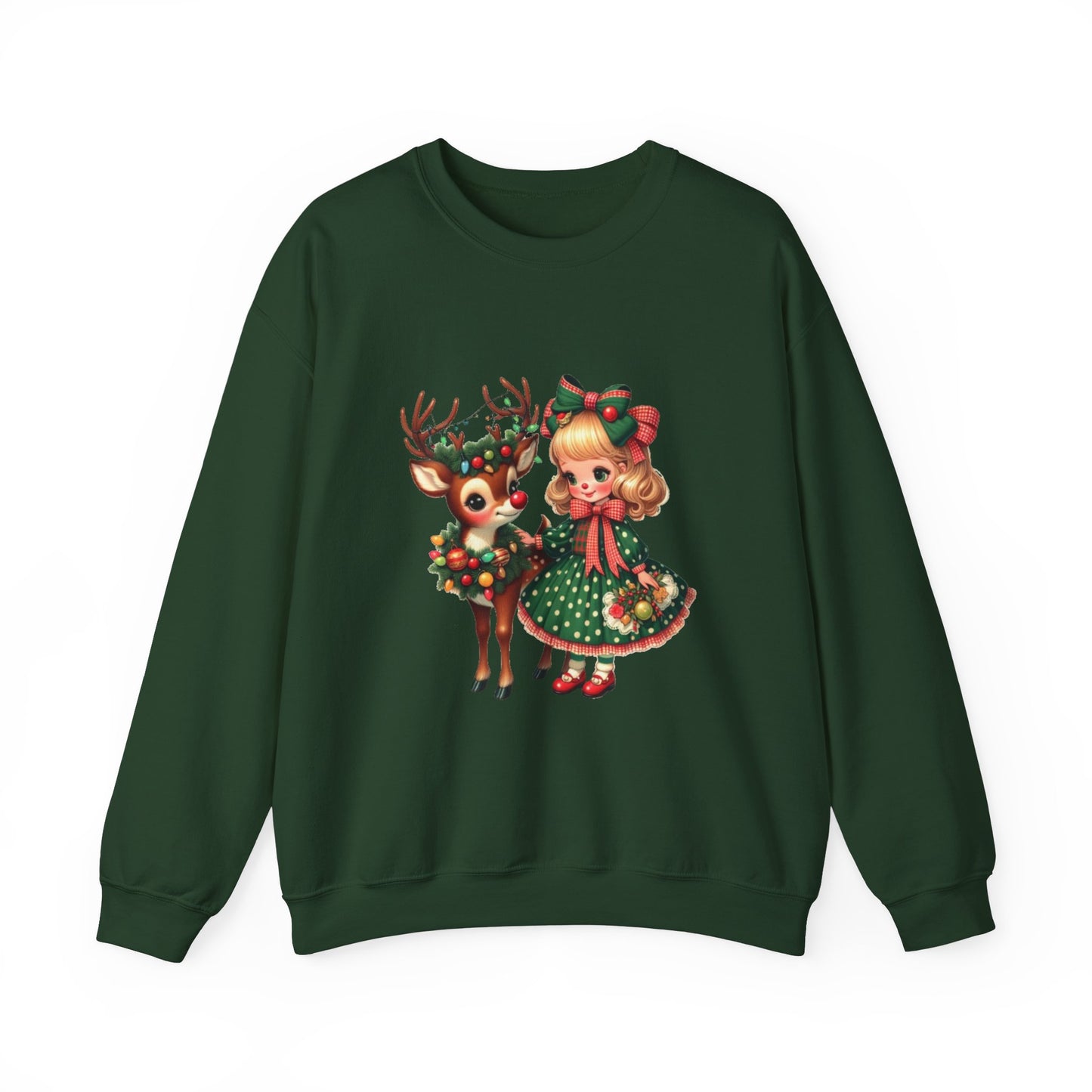 1950s Vintage Reindeer Christmas Sweatshirt Retro Christmas Sweater Vintage Graphic Tee Vintage Girl and Reindeer Sweater Rudolph Crewneck