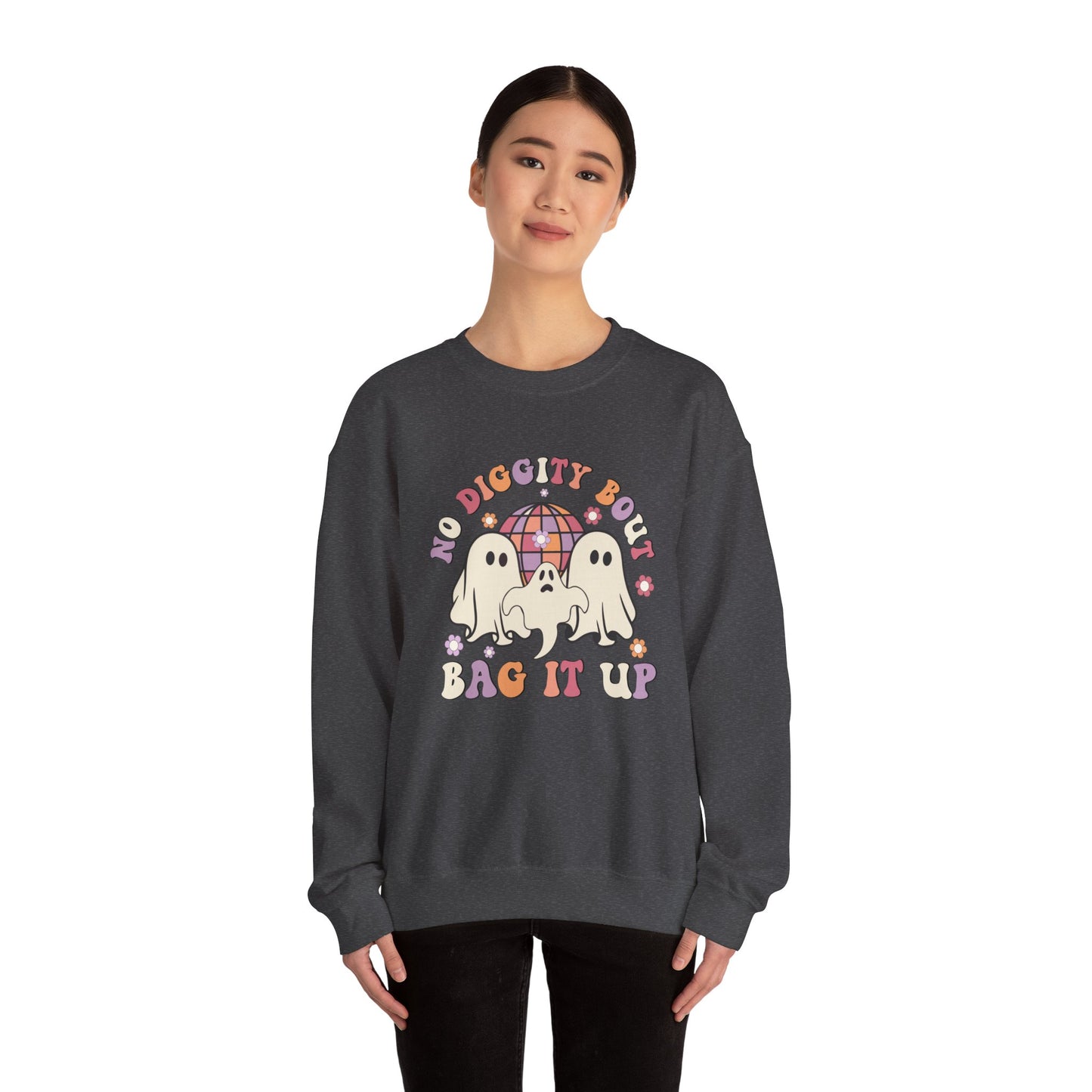 No Diggity Bout To Bag It Up Halloween Sweatshirt Retro Halloween Sweater Retro Halloween Apparel Groovy Spooky Season Crewneck Cute Ghosts