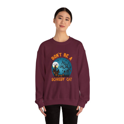 Don't Be A Scaredy Cat Sweatshirt Funny Halloween Sweater Retro Halloween Spooky Season Apparel Cute Halloween Crewneck Witch Sweater Gift