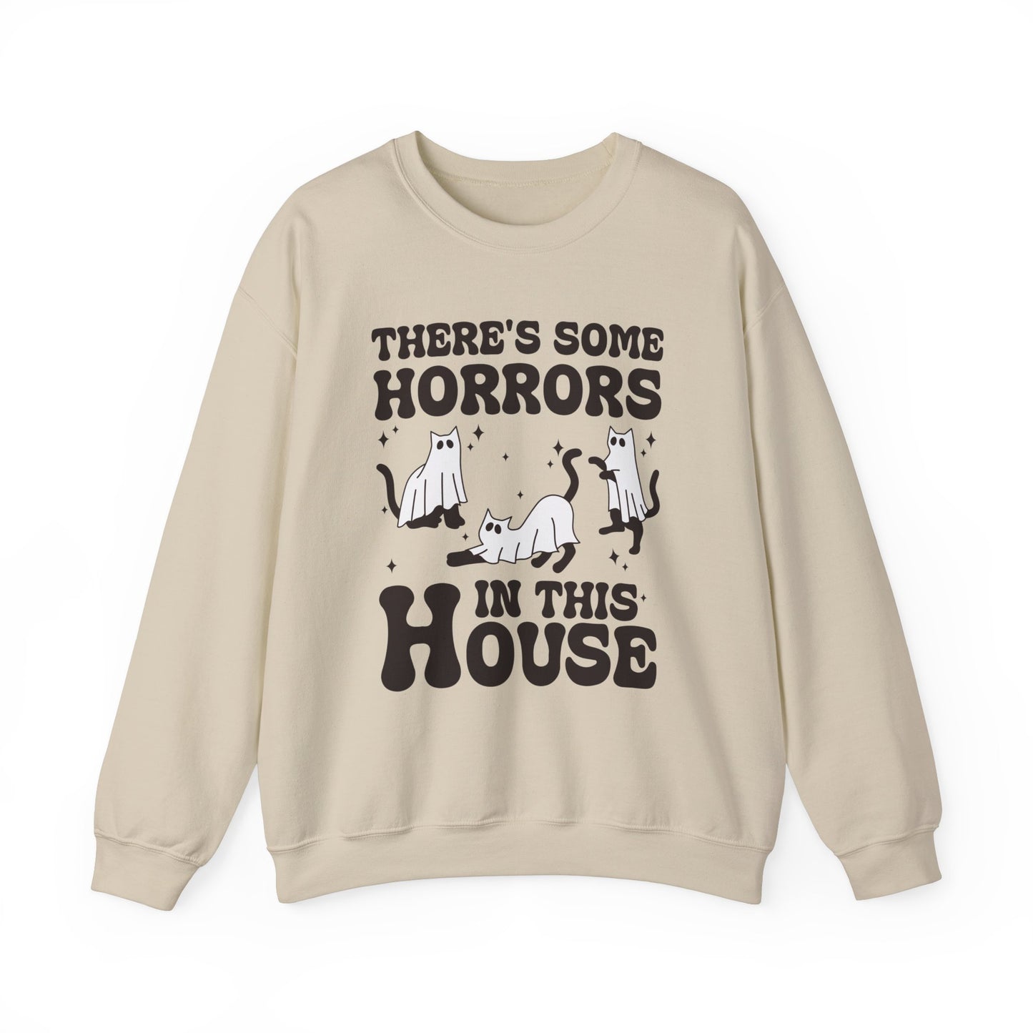 There's Some Horrors In This House Sweatshirt Funny Halloween Sweater Ghost Cat Sweater Retro Halloween Sweater Spooky Season Cat Lover Gift