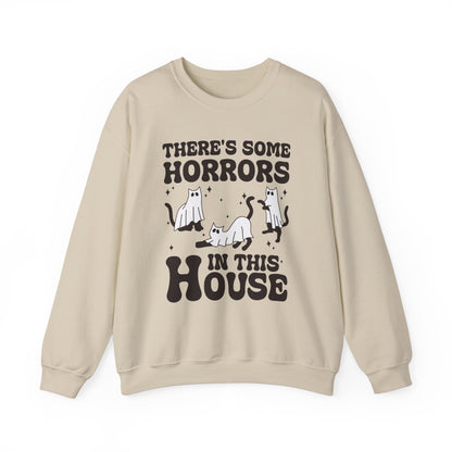 There's Some Horrors In This House Sweatshirt Funny Halloween Sweater Ghost Cat Sweater Retro Halloween Sweater Spooky Season Cat Lover Gift